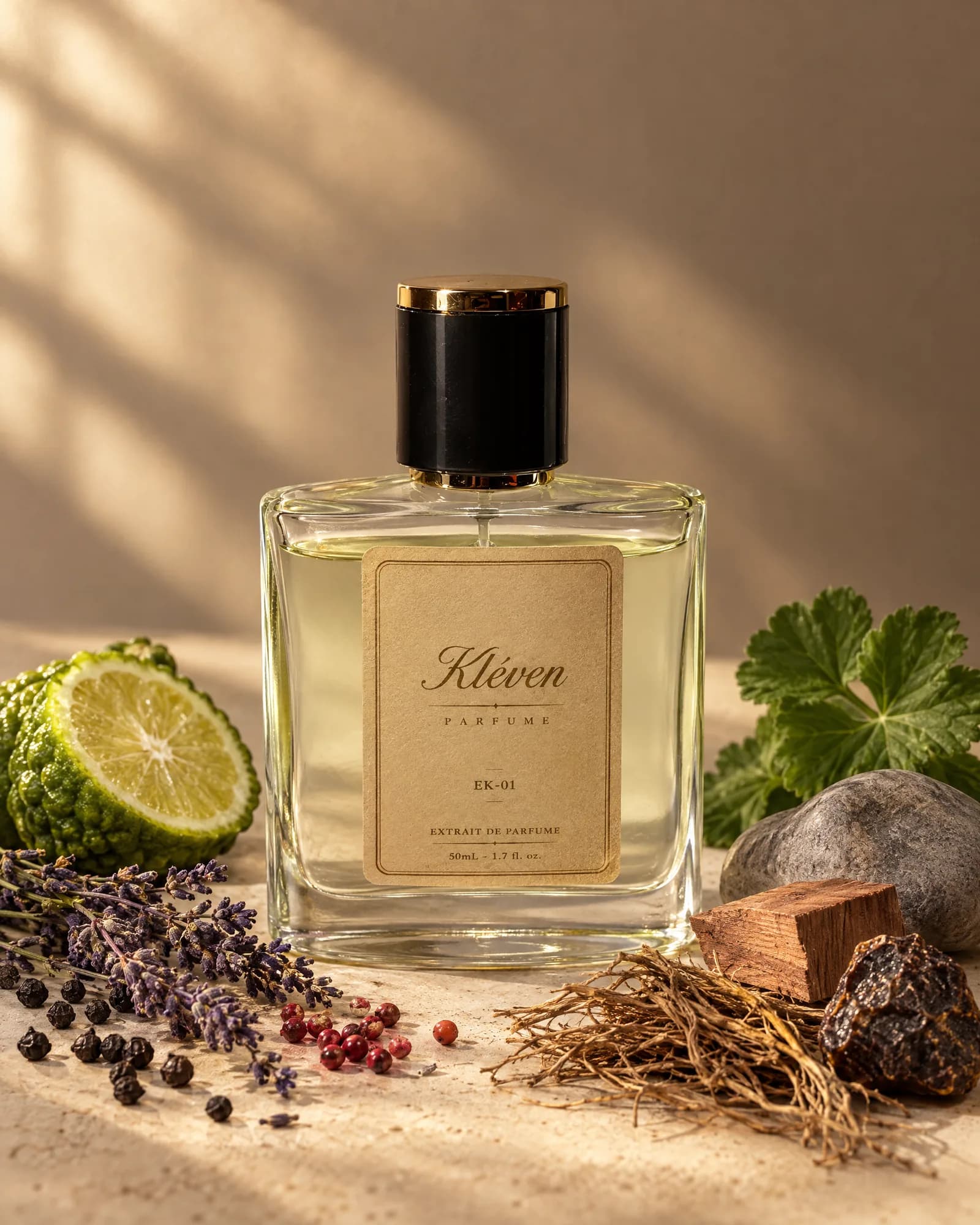 Kléven EK-01 extrait de parfum şişesi, ferah ve aromatik notaların arasında